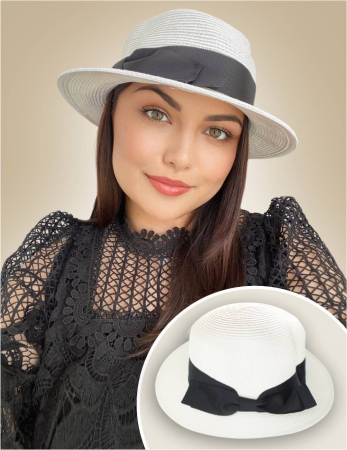PALARII dama soare - CANOTIERA - Palarie dama  tip canotiera cu funda neagra ZINA CHIC -palarie alb, reglabila