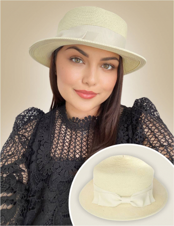 PALARII dama soare - CANOTIERA - Palarie dama  tip canotiera cu funda neagra ZINA CHIC-palarie crem, reglabila