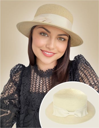 PALARII dama soare - CANOTIERA - Palarie dama  tip canotiera cu funda neagra ZINA CHIC-palarie crem, reglabila