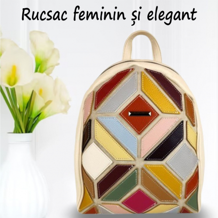Rucsac elegant de dama Silvia Chic (MULTICOLOR cu fond CREM) [1]