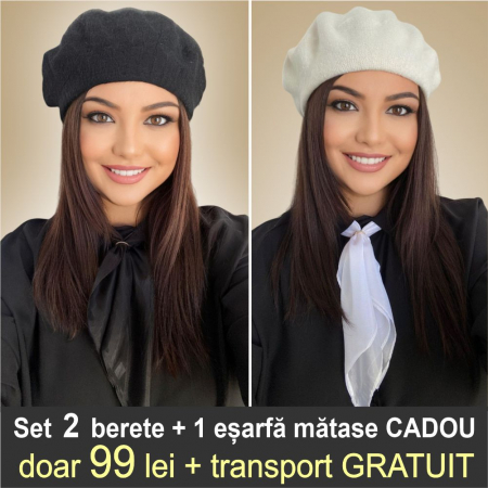BERETE DAMA - Set 2 berete elegante Duo Chic + 1 esarfa cadou (NEGRU+CREM) - marime universala
