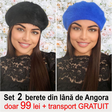 BERETE DAMA - Set 2 berete lux din lana de Angora - Princess Duo (NEGRU+ALBASTRU) - marime universala