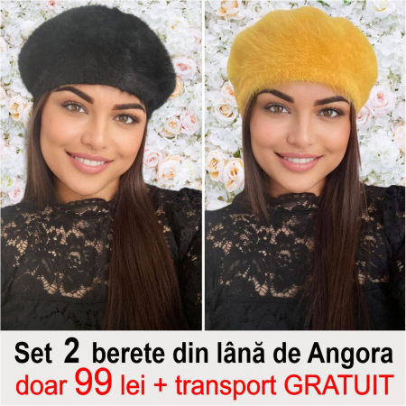 BERETE DAMA - Set 2 berete lux din lana de Angora - Princess Duo (NEGRU+MARO deschis) - marime universala