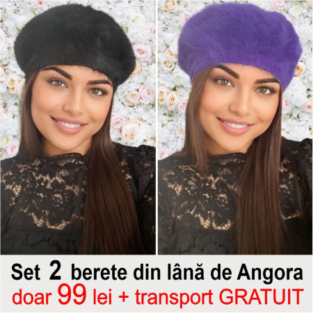 BERETE DAMA - Set 2 berete lux din lana de Angora - Princess Duo (NEGRU+MOV inchis) - marime universala