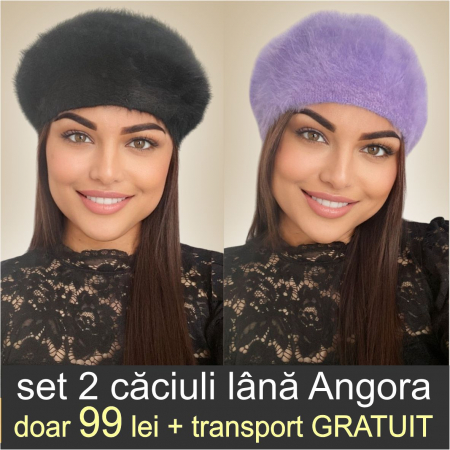 CACIULITE ANGORA - Set 2 caciuli din lana de Angora - Princess Duo (NEGRU+MOV deschis) - marime universala