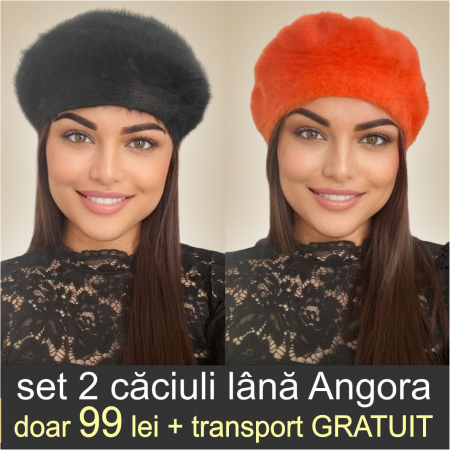 CACIULITE ANGORA - Set 2 caciuli din lana de Angora - Princess Duo (NEGRU+PORTOCALIU) - marime universala