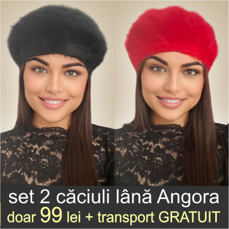 CACIULITE ANGORA - Set 2 caciuli din lana de Angora - Princess Duo (NEGRU+ROSU) - marime universala