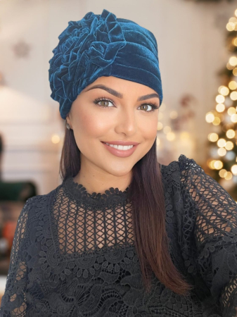TURBANE - Turban elegant din catifea lux AFRODITA (ALBASTRU) - marime universala