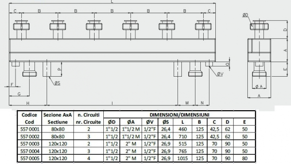 Compensator hidraulic - Colector izolat, 2 circuite, debit 3 m³/h, 80x80, Tiemme 5539X [4]