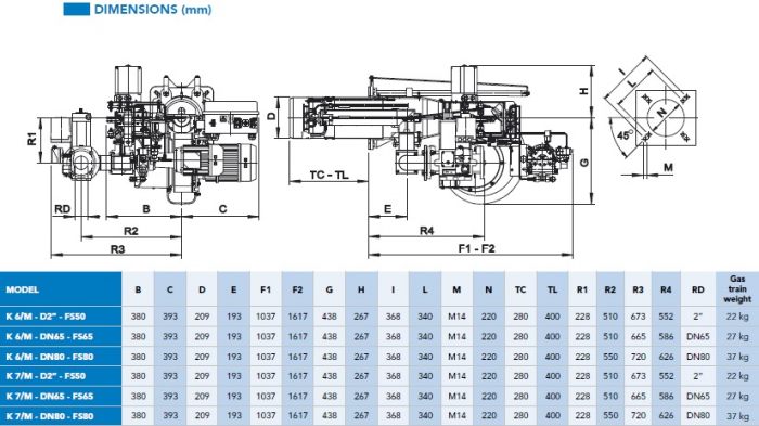 Arzator mixt pe gaz/motorina, modulant, 581-1163 kW, 3", cap de ardere lung, F.B.R K 6/M TL [2]