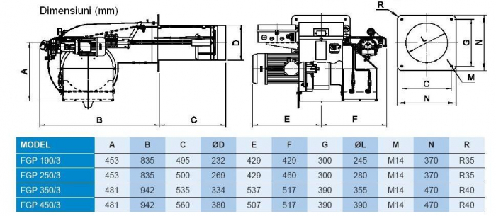 Arzator pe motorina, 3 trepte, 930-2900 kw, cap de ardere lung, F.B.R. FGP 250/3 TL [2]