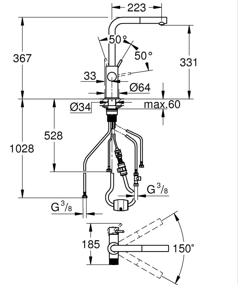 Baterie bucatarie Grohe Blue Pure Minta, monocomanda, cartus ceramic, dus extractabil, pipa inalta, tip L, 3 cai, filtrare, pentru filtre Grohe Blue, crom mat [3]