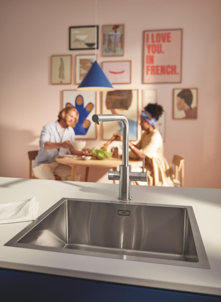 Baterie bucatarie Grohe Blue Pure Minta, monocomanda, cartus ceramic, dus extractabil, pipa inalta, tip L, 3 cai, filtrare, pentru filtre Grohe Blue, crom mat [4]