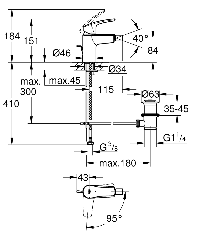 Baterie bideu Grohe Eurosmart marimea S, monocomanda, cartus ceramic, set evacuare cu tija, crom [5]