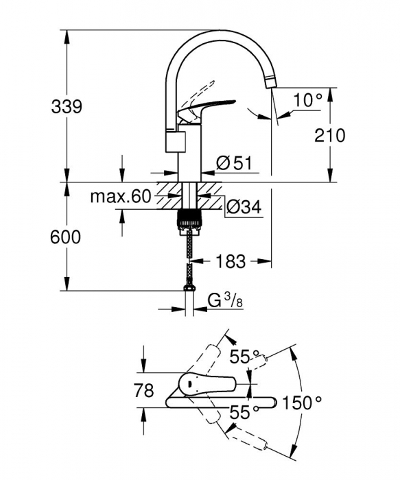 Baterie bucatarie pipa pivotanta cromata Grohe Eurosmart [4]