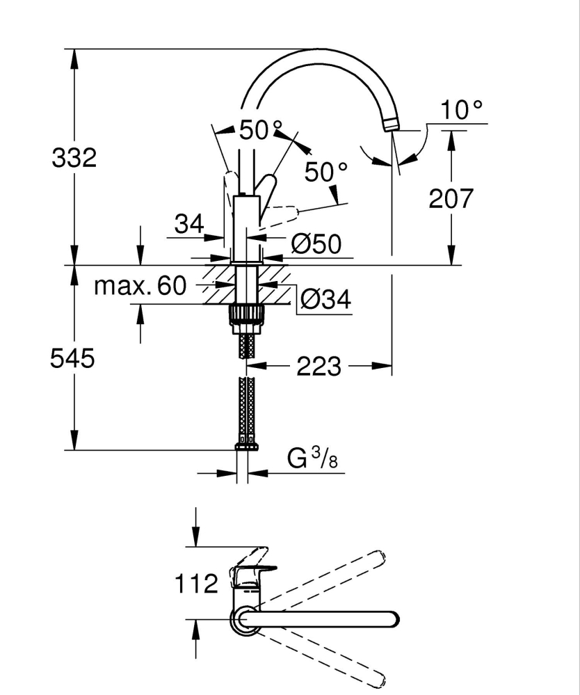 Baterie bucatarie Grohe BauCurve, pipa tip C, pipa inalta, pivotanta, cartus ceramic, monocomanda, crom [4]