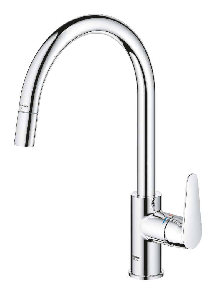 Baterie bucatarie Grohe BauCurve pipa tip C aerator, monocomanda, pipa inalta, pivotanta, dus extractabil, crom [5]