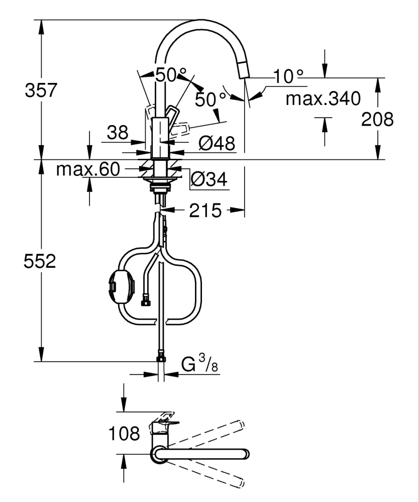 Baterie bucatarie Grohe BauLoop pipa tip C aerator, monocomanda, pipa inalta, pivotanta, cartus ceramic, dus extractabil, protectie anti-reflux, crom [2]
