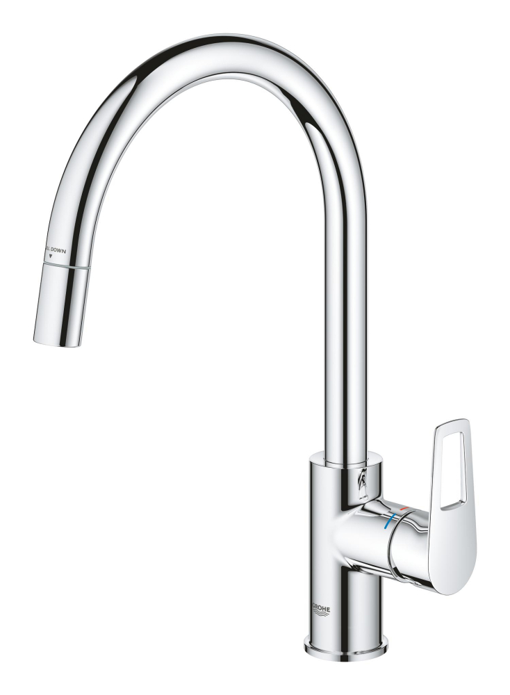 Baterie bucatarie Grohe BauLoop pipa tip C aerator, monocomanda, pipa inalta, pivotanta, cartus ceramic, dus extractabil, protectie anti-reflux, crom [5]