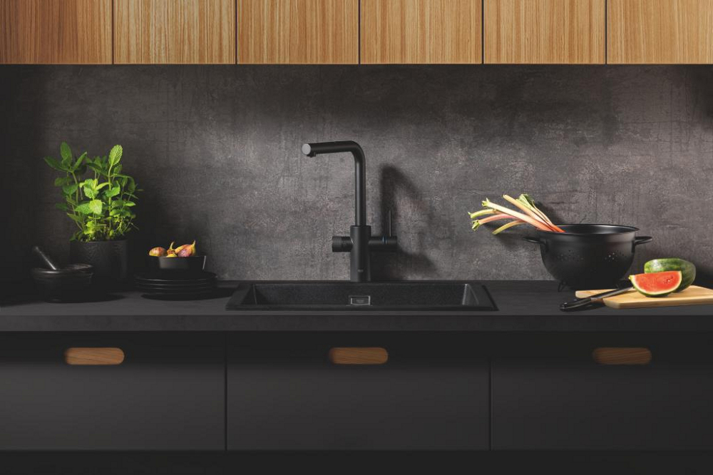 Baterie bucatarie Grohe Blue Pure Minta, monocomanda, 3 cai, dus extractabil, inalta, tip L, filtrare apa, cartus ceramic, pentru filtrele Grohe Blue, negru [3]