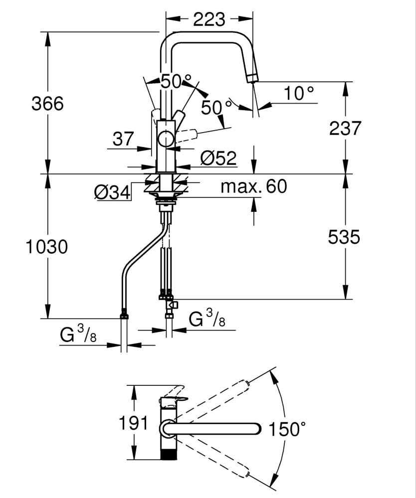Baterie bucatarie Grohe Blue Pure, monocomanda, 3 cai, inalta, tip U, filtrare apa, cartus ceramic, pentru filtrele Grohe Blue, crom [3]