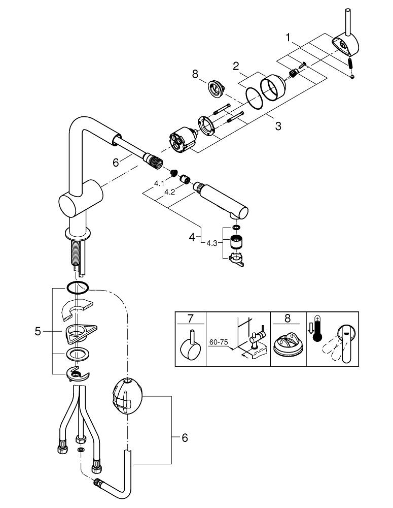 Baterie bucatarie Grohe Minta, 3/8'', monocomanda, tip L, pipa inalta, dus extractabil, 2 functii, pivotanta, limitator, antracit mat [3]