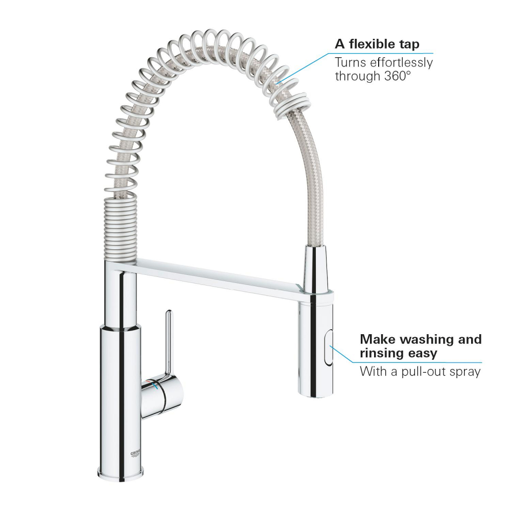 Baterie bucatarie Grohe Chrome Get 1/2", monocomanda, pipa inalta, dus extractabil, 2 functii, cartus ceramic, pivotanta, anti-calcar, crom [10]