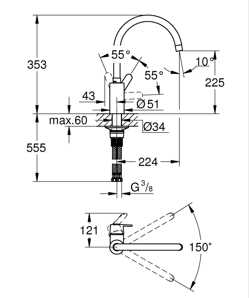 Baterie bucatarie Grohe Get, 3/8'', monocomanda, pipa inalta, tip C, cartus ceramic, pivotanta, limitator, negru mat [5]