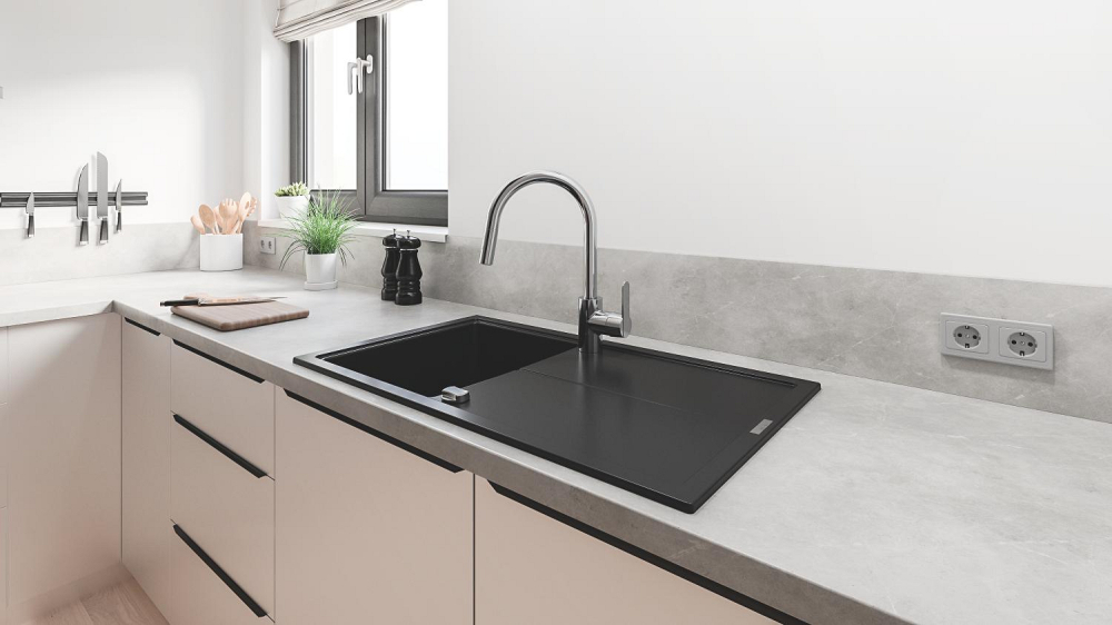 Baterie bucatarie Grohe Get 3/8'' monocomanda, pipa inalta, dus extractabil, 2 functii, cartus ceramic, pivotanta, limitator, crom [2]