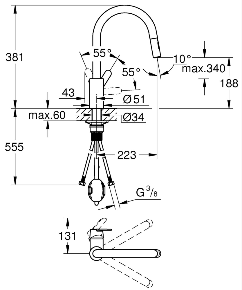 Baterie bucatarie Grohe Get 3/8'' monocomanda, pipa inalta, dus extractabil, 2 functii, cartus ceramic, pivotanta, limitator, crom [4]