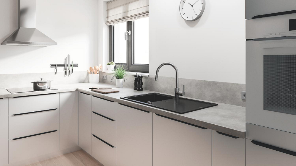 Baterie bucatarie Grohe Get 3/8'' monocomanda, pipa inalta, dus extractabil, 2 functii, cartus ceramic, pivotanta, limitator, crom [7]