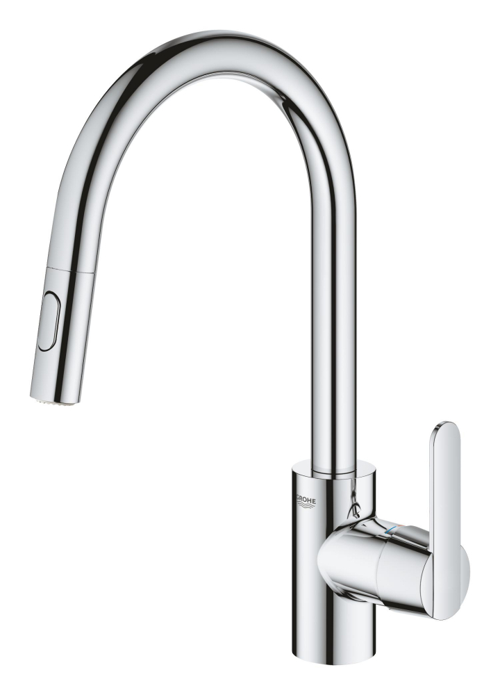 Baterie bucatarie Grohe Get 3/8'' monocomanda, pipa inalta, dus extractabil, 2 functii, cartus ceramic, pivotanta, limitator, crom [5]