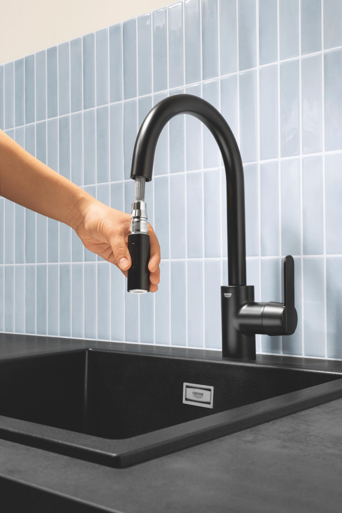 Baterie bucatarie Grohe Get, 3/8'', monocomanda, pipa inalta, tip C, dus extractabil, 2 functii, cartus ceramic, pivotanta, limitator, negru mat [5]