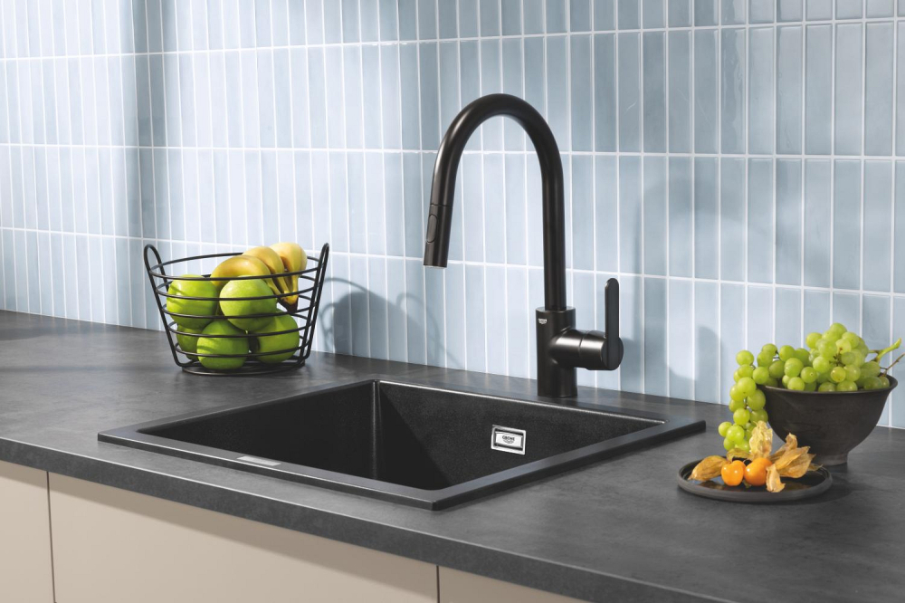 Baterie bucatarie Grohe Get, 3/8'', monocomanda, pipa inalta, tip C, dus extractabil, 2 functii, cartus ceramic, pivotanta, limitator, negru mat [4]