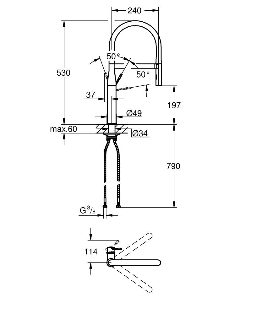 Baterie bucatarie Grohe Essence, 3/8'', monocomanda, pipa inalta, tip U, dus extractabil, 2 functii, pivotanta, limitator, auriu lucios [3]