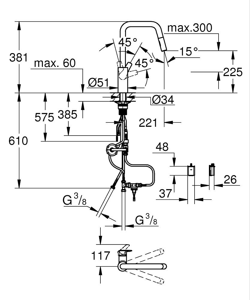 Baterie bucatarie Grohe Start, inalta, tip U, dus extractabil, 2 functii, cartus ceramic, pivotanta, levier metalic, senzor infrarosu, negru mat [6]