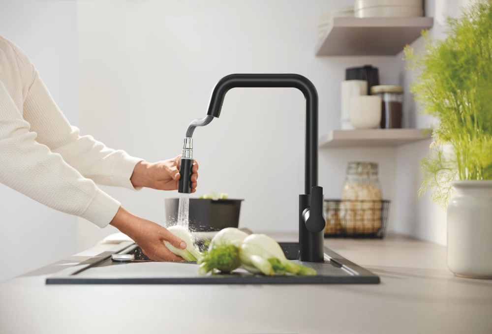 Baterie bucatarie Grohe Eurosmart, inalta, tip U, dus extractabil, 2 functii, cartus ceramic, pivotanta, levier metalic, senzor infrarosu, negru mat [8]