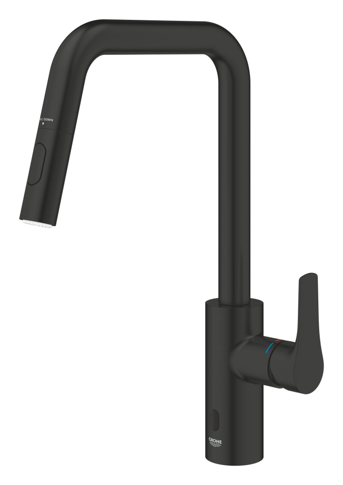 Baterie bucatarie Grohe Eurosmart, inalta, tip U, dus extractabil, 2 functii, cartus ceramic, pivotanta, levier metalic, senzor infrarosu, negru mat [6]