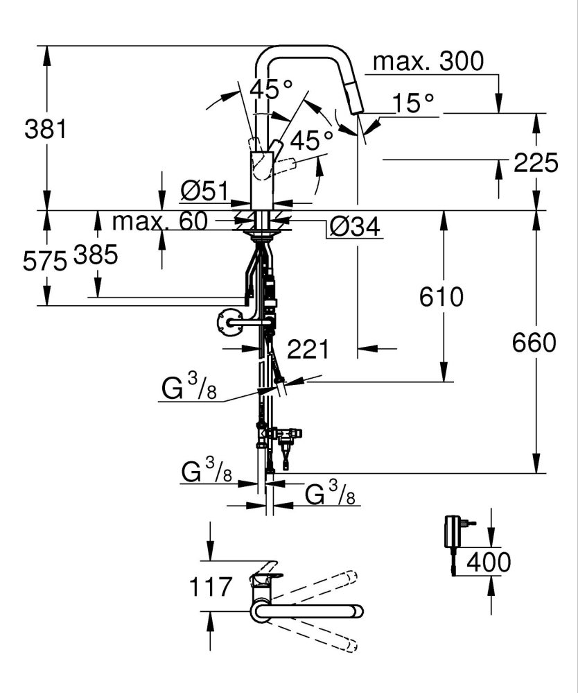 Baterie bucatarie Grohe Eurosmart, inalta, tip U, dus extractabil, 2 functii, cartus ceramic, pivotanta, levier metalic, senzor infrarosu, negru mat [3]
