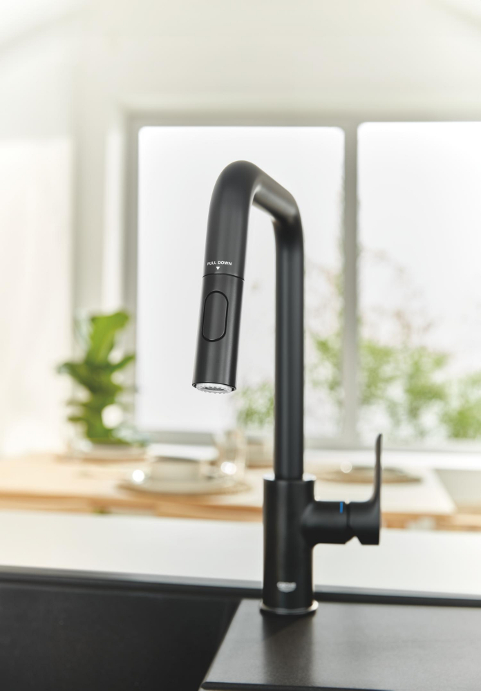 Baterie bucatarie Grohe Eurosmart pipa tip U 2 functii, monocomanda, dus extractabil, pipa pivotanta, pipa tip U, cartus ceramic, negru [2]