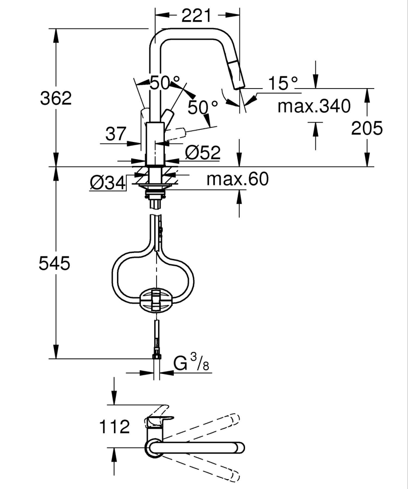 Baterie bucatarie Grohe Eurosmart pipa tip U 2 functii, monocomanda, dus extractabil, pipa pivotanta, pipa tip U, cartus ceramic, negru [3]