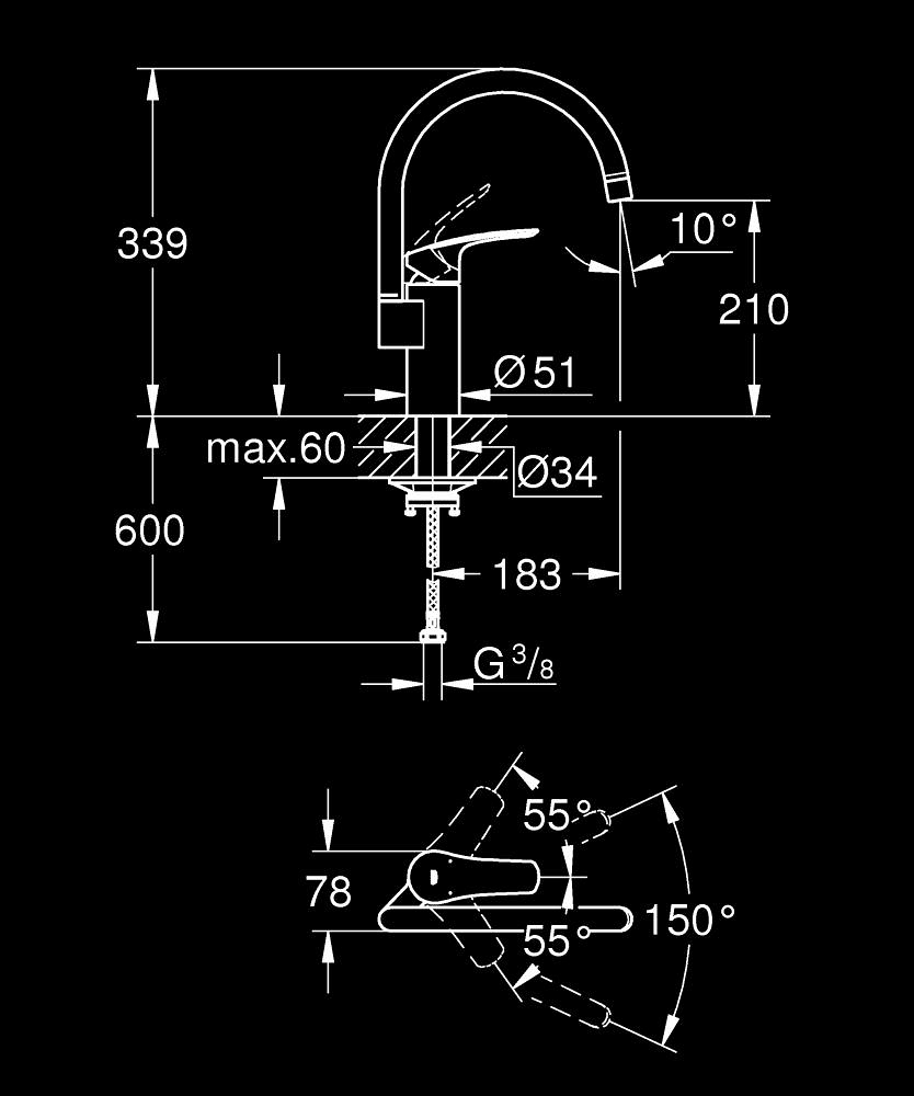 Baterie bucatarie Grohe Eurosmart monocomanda, cartus ceramic, pipa tip C, pivotanta, negru [4]