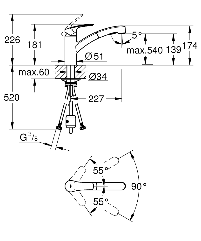 Baterie bucatarie Grohe Eurosmart SilkMove kitch low 2 functii, monocomanda, cartus ceramic, dus extractabil, pipa pivotanta, negru [4]