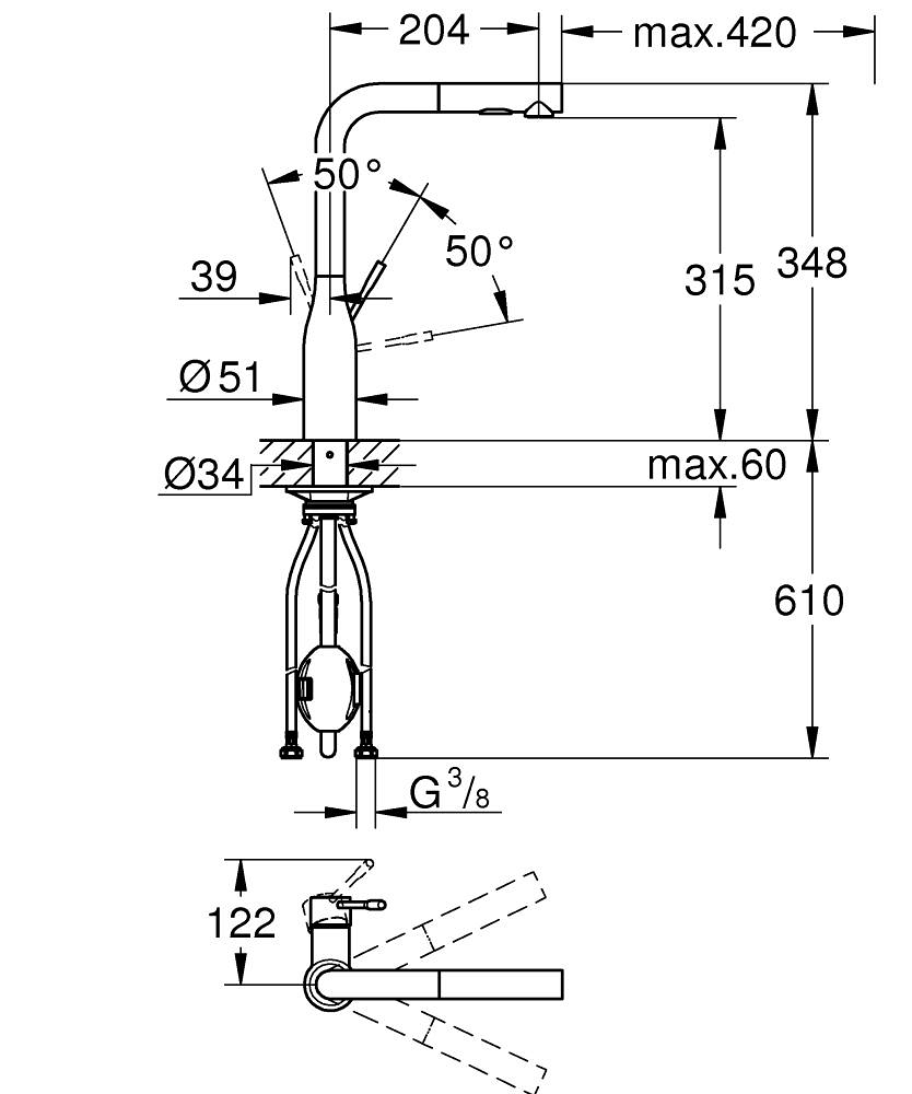 Baterie bucatarie Grohe Essence, 3/8'', monocomanda, pipa inalta, tip L, dus extractabil, 2 functii, pivotanta, limitator, antracit [2]