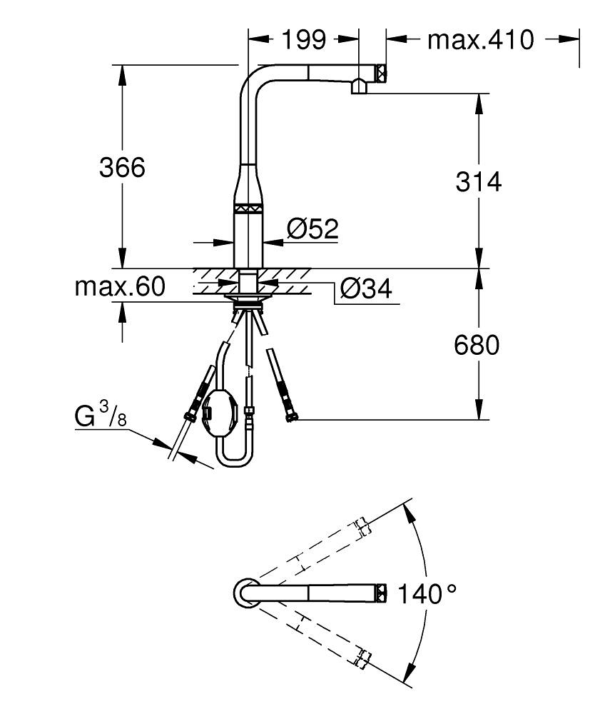 Baterie bucatarie Grohe Essence SmartControl, 3/8'', pipa inalta, tip L, dus extractabil, 2 functii, control apasare si rotire, pivotanta, limitator, auriu lucios [6]
