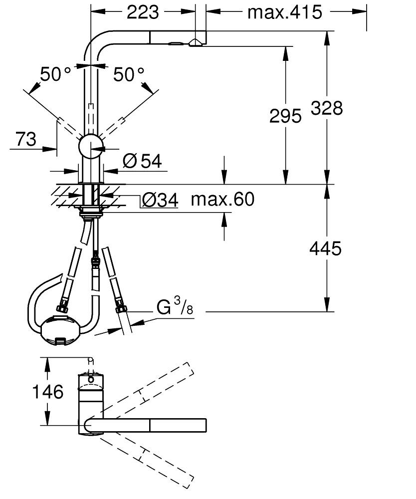 Baterie bucatarie Grohe Minta, 3/8'', monocomanda, pipa inalta, tip L, dus extractabil, 2 functii, pivotanta, limitator, antracit [2]