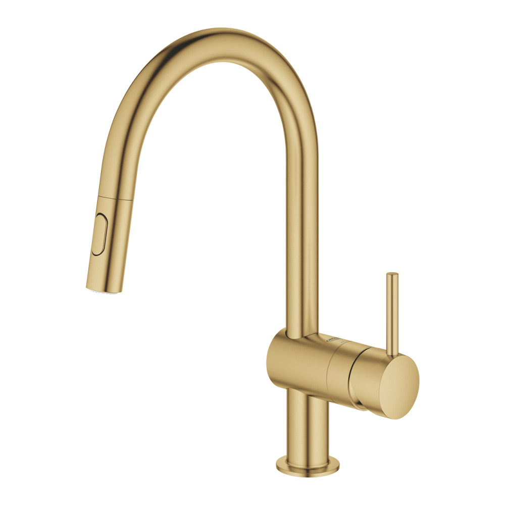Baterie bucatarie Grohe Minta, pipa tip U.jet EU, monocomanda, pipa inalta, tip C, dus extractabil, cartus ceramic, pivotanta, rushed, auriu mat [2]