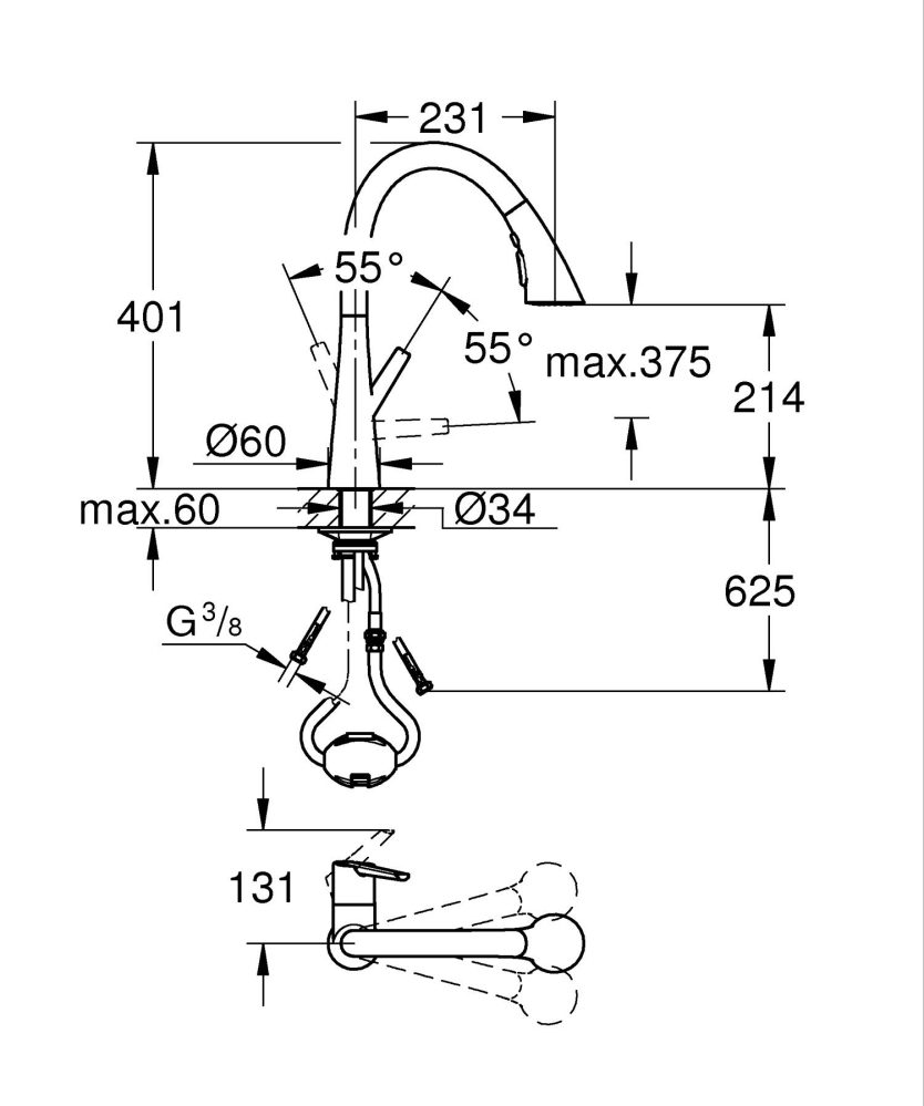 Baterie bucatarie Grohe Scala pipa tip C 3 functii, monocomanda, pivotanta, cartus ceramic, limitator de temperatura, dus extractabil, crom [3]