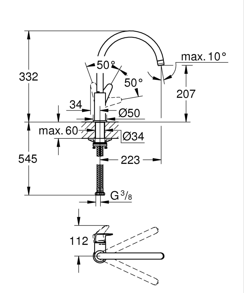 Baterie bucatarie Grohe Start curve pipa tip C, monocomanda, pipa inalta, cartus ceramic, pivotanta, crom [2]