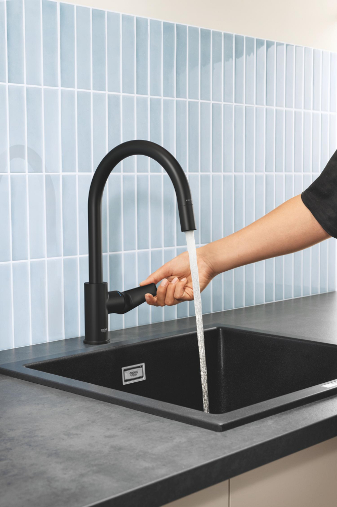 Baterie bucatarie Grohe StartEdge pipa tip C, monocomanda, pipa inalta, tip C, pivotanta, dus extractabil, cartus ceramic, limitator de temperatura, protectie anti-reflux, negru [3]